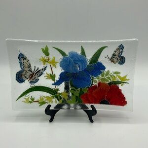 Peggy Karr Rectangular Tray Fused Art Glass Butterflies Iris Daffodils RARE